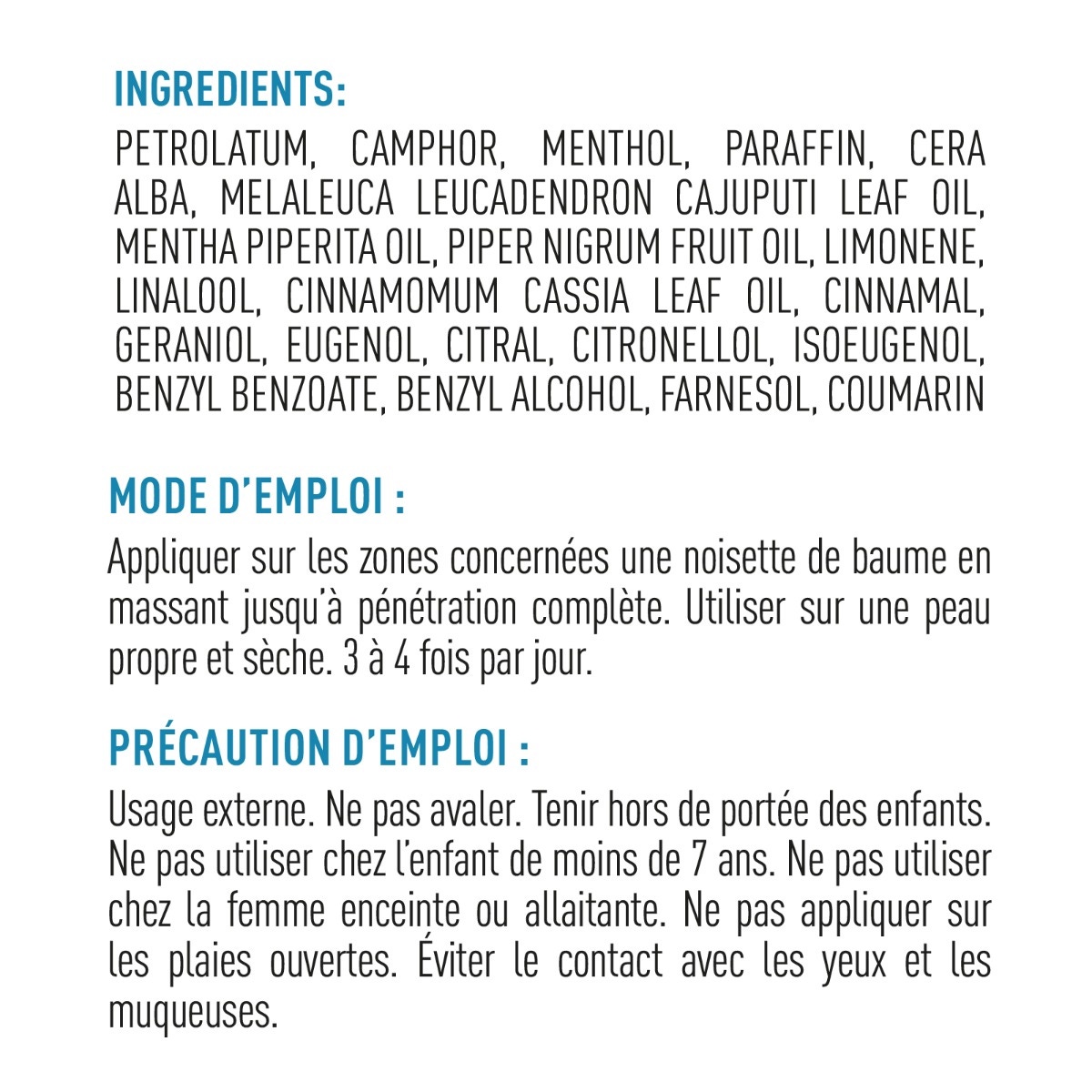Décontractant musculaire Baume chauffant composition