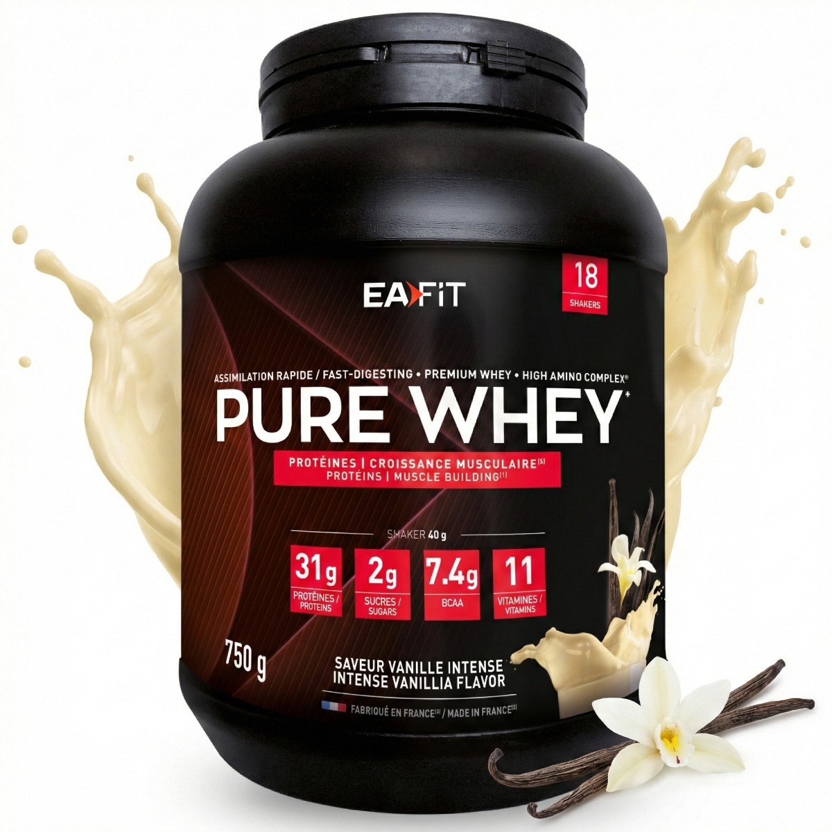 EAFIT Pure Whey Vanille Intense - 750 g- Prise de muscle sec - Assimilation facile et rapide