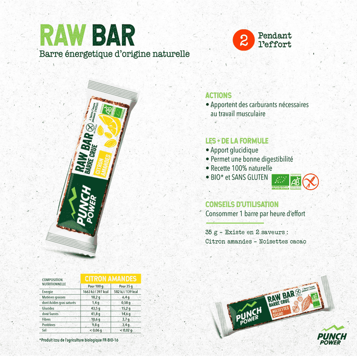 Punch Power - Raw bar - Barre crues à base d'ingrédients naturels et non transformés - seulement 3 ingrédients - saveur noisettes cacao ou citron amandes - Actions et avantages